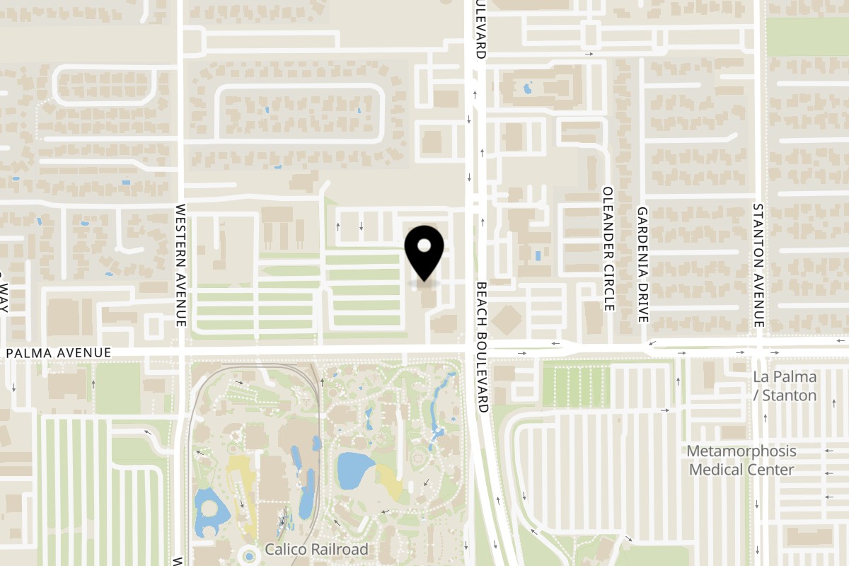 Map showing the location of Slurpin Ramen Bar Buena Park on 7941 Beach Blvd in Buena Park